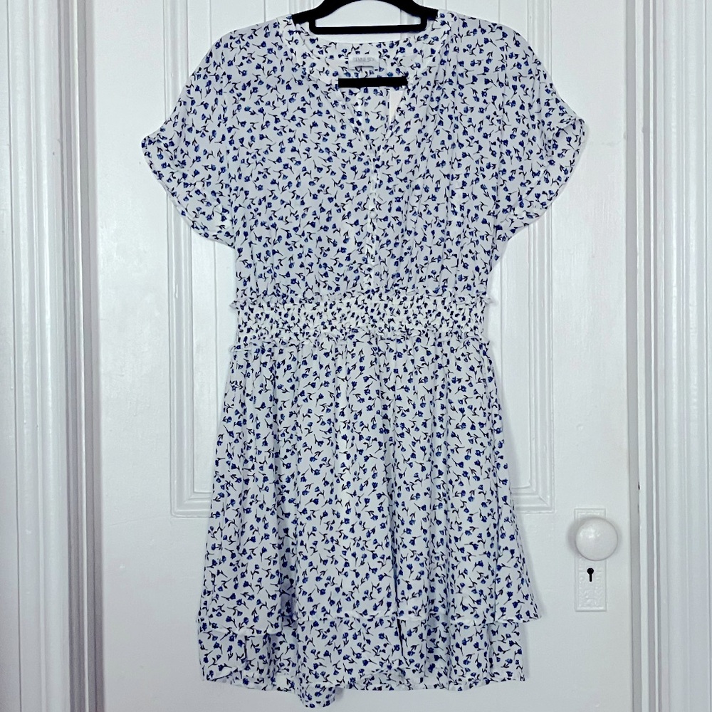 White and blue floral ruffle mini shirt dress